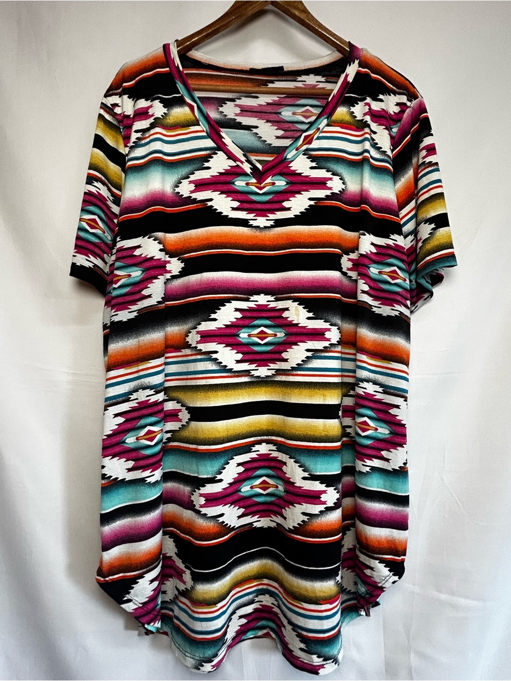 Aztec-Print V-Neck Short Sleeve Top in Teal, Magenta & Black